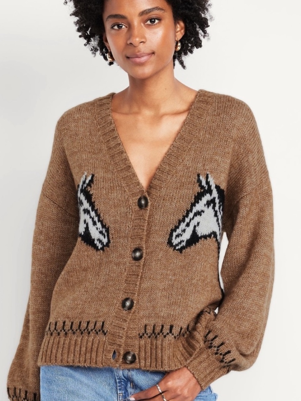 Old Navy Brown Horse Intarsia Wool-Blend Cardigan